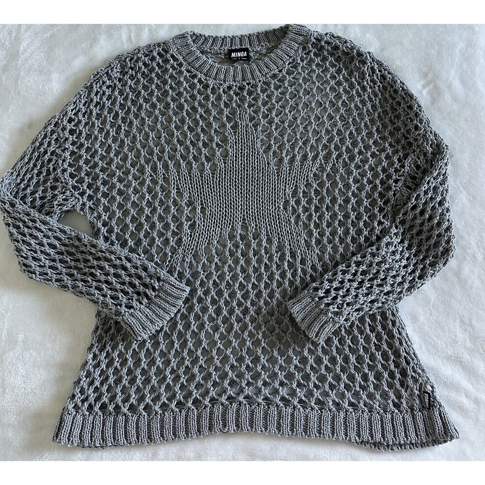 Minga London Silver Open Knit Star Jumper Sweater Gray Mesh Size S Grunge Y2K